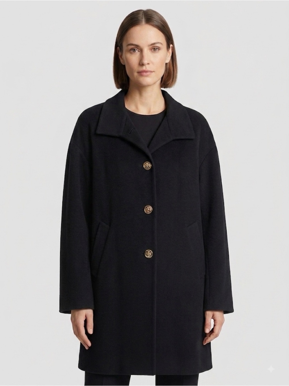 St. John Collection Size 12 Black Cashmere/Wool Coat with Gold Crest Buttons